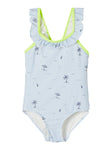 Name it - Blauw/wit gestreept badpak met tropische print