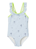 Name it - Blauw/wit gestreept badpak met tropische print